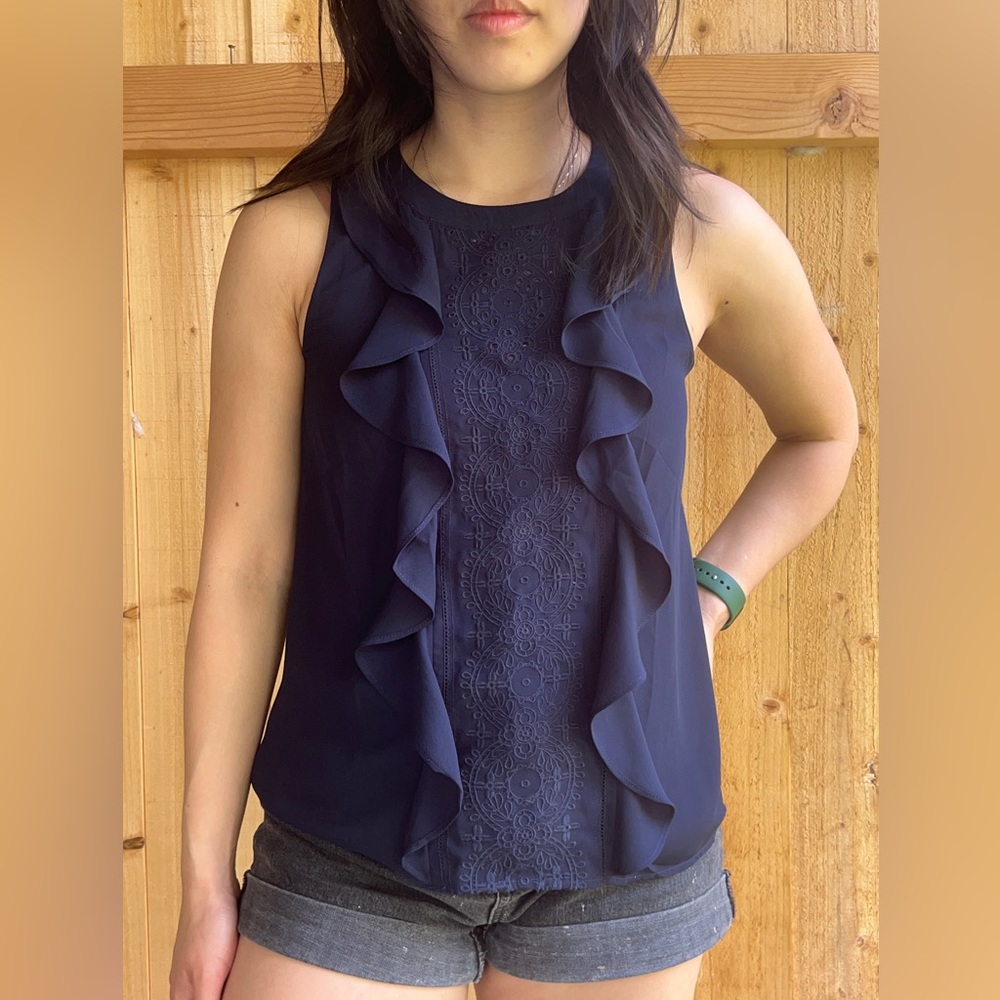 Ann Taylor Factory Navy Blouse Ruffle Sleeves Tank Top